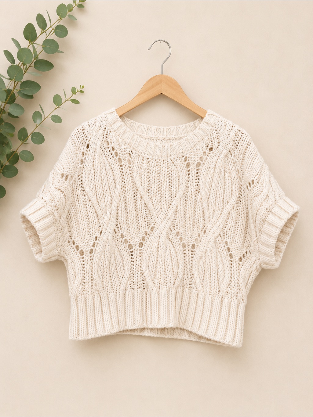 By Together Ivory Cable Knit Short Sleeve Sweater